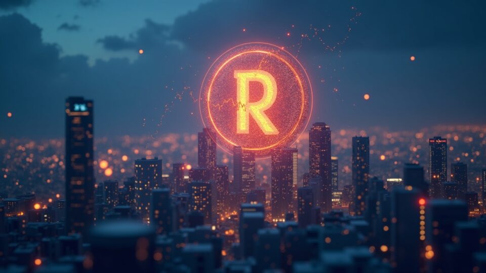 Símbolo del token RAIN elevándose sobre el horizonte de la ciudad con gráficos holográficos y datos en cadena que señalan potencial de ATH y riesgo de desbloqueo.
