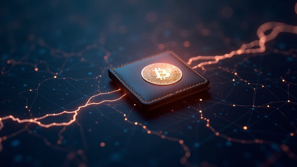 Cartera cripto fotorrealista sobre una cadena de bloques luminosa con líneas de rastreo y un sello gubernamental distante.