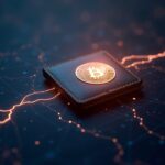 Cartera cripto fotorrealista sobre una cadena de bloques luminosa con líneas de rastreo y un sello gubernamental distante.