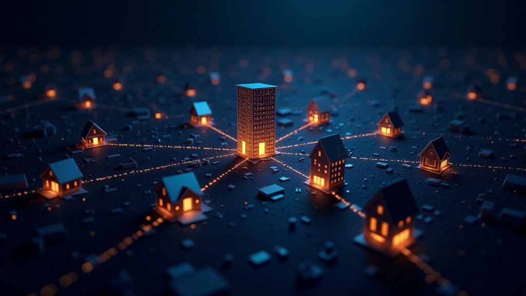 Nodos GPU fotorrealistas en hogares y centros de datos, conectados por líneas luminosas para mostrar el cómputo de IA descentralizado y la privacidad