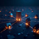 Nodos GPU fotorrealistas en hogares y centros de datos, conectados por líneas luminosas para mostrar el cómputo de IA descentralizado y la privacidad