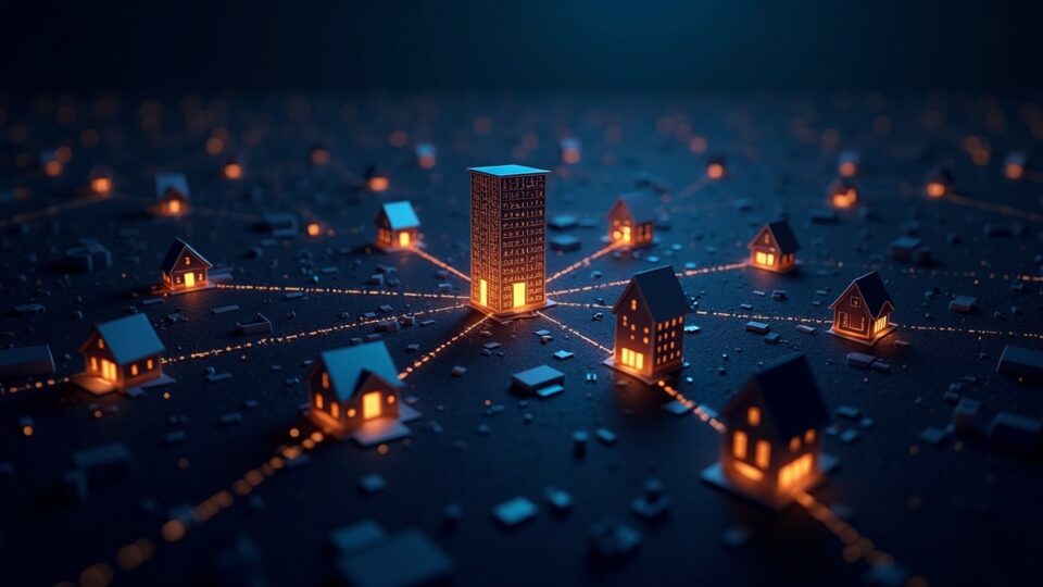 Nodos GPU fotorrealistas en hogares y centros de datos, conectados por líneas luminosas para mostrar el cómputo de IA descentralizado y la privacidad