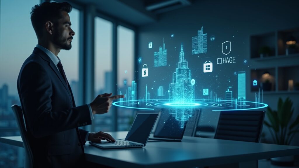 Escena fotorrealista de un profesional financiero en una oficina moderna con activos tokenizados holográficos y datos de oráculo transmitidos en streaming alrededor de un núcleo.