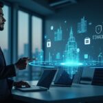 Escena fotorrealista de un profesional financiero en una oficina moderna con activos tokenizados holográficos y datos de oráculo transmitidos en streaming alrededor de un núcleo.