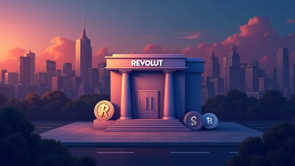 Vista fotorrealista al crepúsculo de la Ciudad de México con la fachada de un banco Revolut, iconos de monedas digitales y un escudo que representa depósitos asegurados