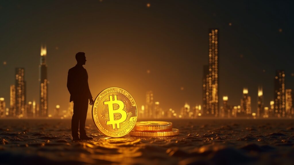 Silueta ejecutiva junto a un Bitcoin brillante que reemplaza una barra de oro cerca de una torre de la Fed.