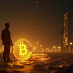 Silueta ejecutiva junto a un Bitcoin brillante que reemplaza una barra de oro cerca de una torre de la Fed.