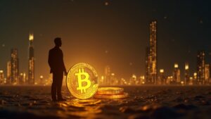 Silueta ejecutiva junto a un Bitcoin brillante que reemplaza una barra de oro cerca de una torre de la Fed.