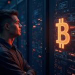 Ingeniero de centro de datos confiado junto a un símbolo brillante de BTC que se disuelve en circuitería de IA en una sala de servidores HPC futurista.