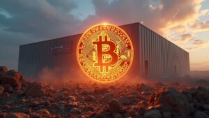 Toma central fotorrealista del centro de datos Riot Rockdale con una pancarta de AMD; Bitcoin transformándose en una escritura de terreno.
