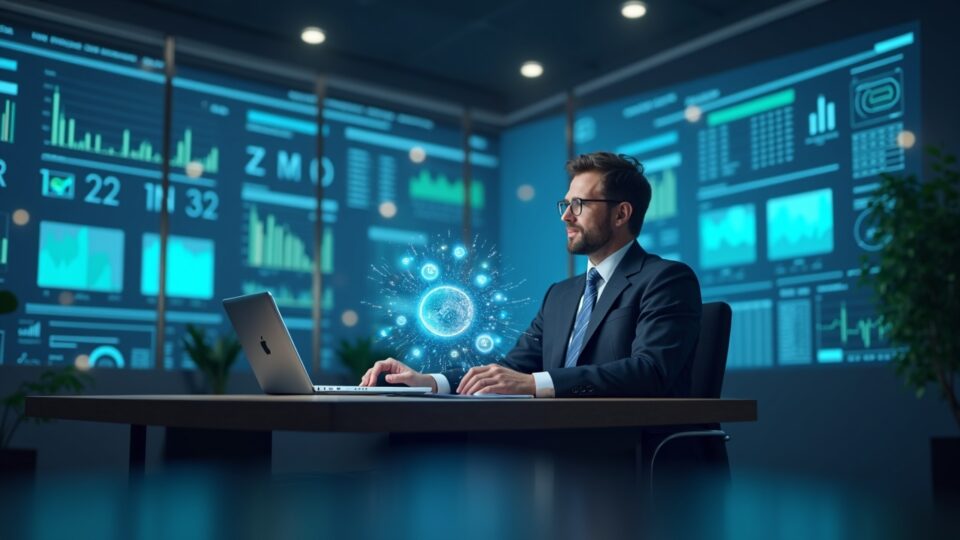 CFO en un escritorio moderno con hologramas del libro mayor XRPL y vías RLUSD, ilustrando un panel de tesorería unificado.