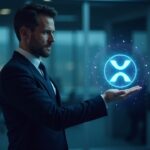 Encabezado fotorrealista: Ejecutivo de Ripple con traje elegante en una oficina de fintech moderna con un telón de fondo holográfico de XRP y la FCA del Reino Unido.