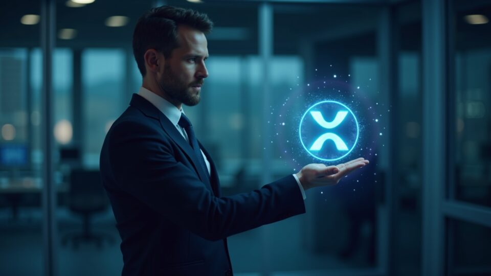 Encabezado fotorrealista: Ejecutivo de Ripple con traje elegante en una oficina de fintech moderna con un telón de fondo holográfico de XRP y la FCA del Reino Unido.