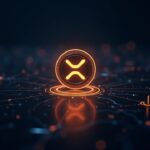 Token RLUSD fotorrealista brillando en el centro dentro de una elegante red financiera futurista, con logos de XRP en segundo plano.