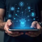 Primer plano de una billetera cripto no custodial sostenida en las manos, mostrando iconos de BTC, USDT y XAUt con rampas de MoonPay en el fondo