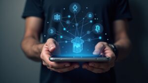 Primer plano de una billetera cripto no custodial sostenida en las manos, mostrando iconos de BTC, USDT y XAUt con rampas de MoonPay en el fondo