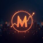 El logo de Monero, centrado, brilla junto a un gráfico de precios ascendente y escudos de privacidad en un elegante paisaje urbano fintech.
