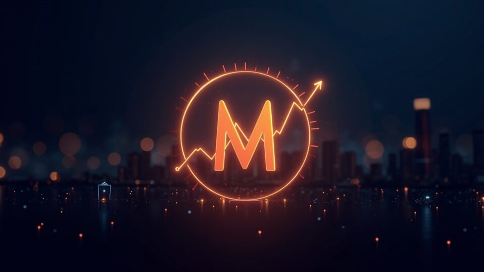 El logo de Monero, centrado, brilla junto a un gráfico de precios ascendente y escudos de privacidad en un elegante paisaje urbano fintech.
