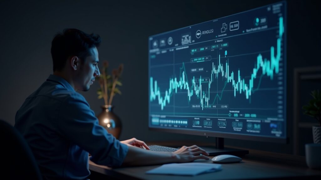 Analista de mercado fotorrealista en un escritorio iluminado con un gráfico holográfico que asciende desde el Russell 2000 hacia logotipos de altcoins, ilustrando la rotación hacia activos de mayor riesgo.