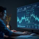 Analista de mercado fotorrealista en un escritorio iluminado con un gráfico holográfico que asciende desde el Russell 2000 hacia logotipos de altcoins, ilustrando la rotación hacia activos de mayor riesgo.
