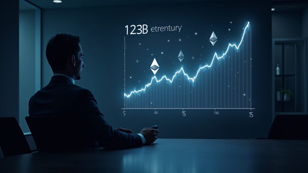 Escena fotorrealista de sala de juntas con un ejecutivo cripto junto a un gráfico holográfico del precio de Ethereum y una tesorería de $13B