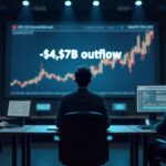 Sala de prensa fotorrealista con un analista en el centro, las pantallas muestran una salida de $4.57B de ETFs de Bitcoin en nov–dic 2025.
