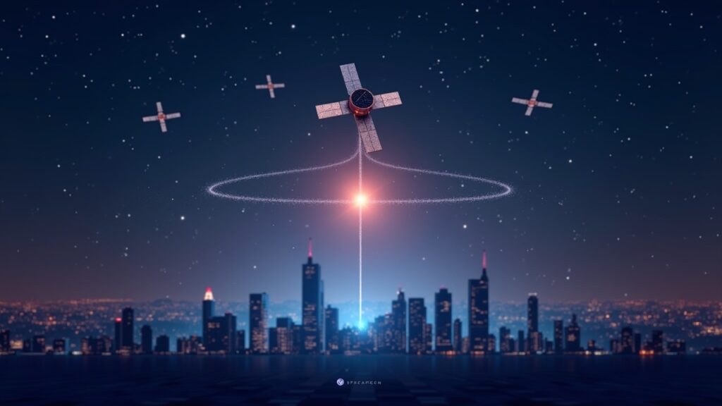 Constelación de satélites en primer plano proyecta una red DeFi brillante sobre el horizonte de la ciudad, con los logotipos de WLFI y Spacecoin