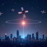 Constelación de satélites en primer plano proyecta una red DeFi brillante sobre el horizonte de la ciudad, con los logotipos de WLFI y Spacecoin