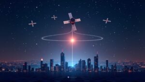 Constelación de satélites en primer plano proyecta una red DeFi brillante sobre el horizonte de la ciudad, con los logotipos de WLFI y Spacecoin