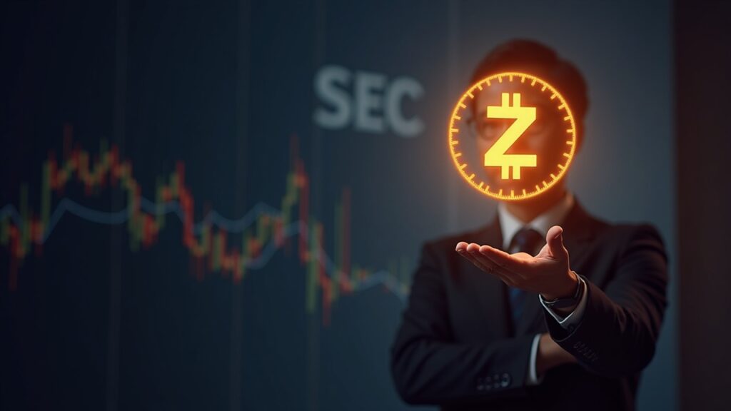 Encabezado fotorrealista: profesional en el centro del escenario con logo brillante de Zcash, gráfico ascendente y fondo inspirado en la SEC.
