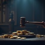 Mesa de negociación de criptomonedas fotorrealista con íconos de monedas digitales, un gran mazo y un fondo de la cámara del Senado.