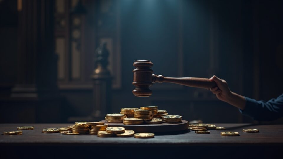 Mesa de negociación de criptomonedas fotorrealista con íconos de monedas digitales, un gran mazo y un fondo de la cámara del Senado.