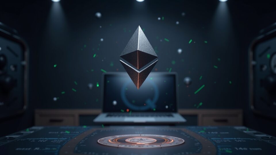 Orbe flotante de Ethereum sobre un escritorio con imágenes de bóveda y flujos de liquidez hacia Linea, señalando una tesorería institucional de ETH.
