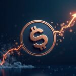 Token SHIB fotorrealista con un libro mayor fluyendo desde un exchange a una billetera fría sobre un resplandor de gráfico de precios.