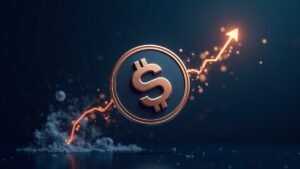 Token SHIB fotorrealista con un libro mayor fluyendo desde un exchange a una billetera fría sobre un resplandor de gráfico de precios.