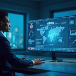 Un investigador diverso utiliza un panel sin código para ver gráficos holográficos de blockchain y alertas de anomalías por IA.