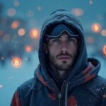 Retrato fotorrealista de un ex snowboarder olímpico con una sudadera con capucha y logotipos de cripto flotando y un resplandor de blockchain sobre un telón de fondo de Ciudad de México.