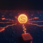 Escena fotorrealista de Solana con el logo de SOL, íconos de 10M de billeteras formando una red, líneas brillantes sobre un gráfico que insinúan un retroceso.