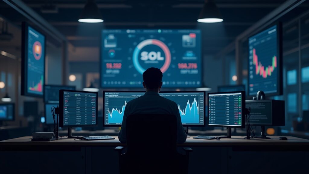 Escena fotorrealista de sala de redacción con un trader en el centro, SOL alrededor de $130 y entradas de ETF frente a salidas apalancadas en las pantallas.
