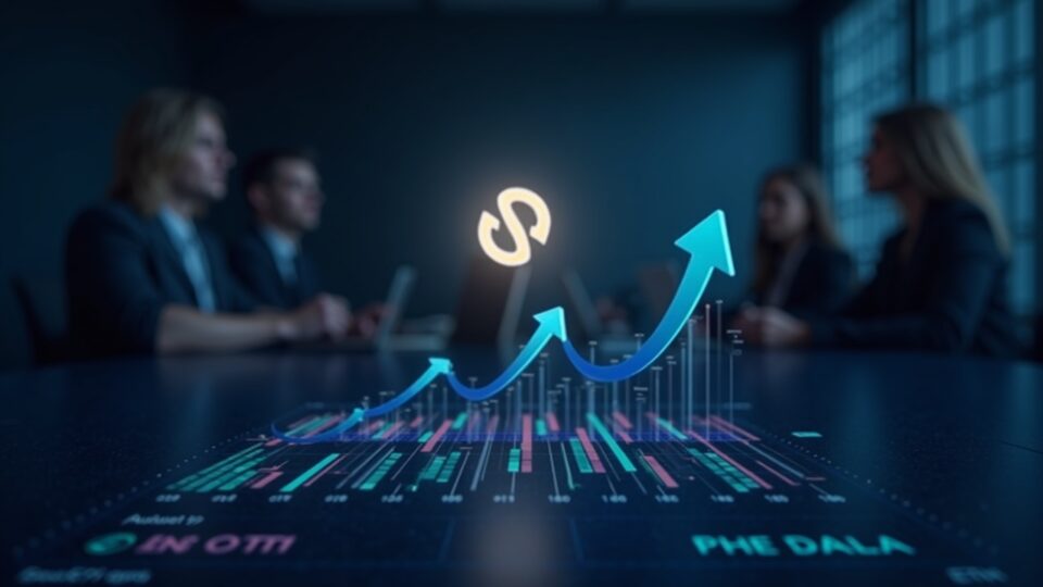 Logotipo de Solana elevándose sobre un panel de negociación digital con flechas ascendentes, métricas BTC/ETH y analistas institucionales en una sala de redacción.