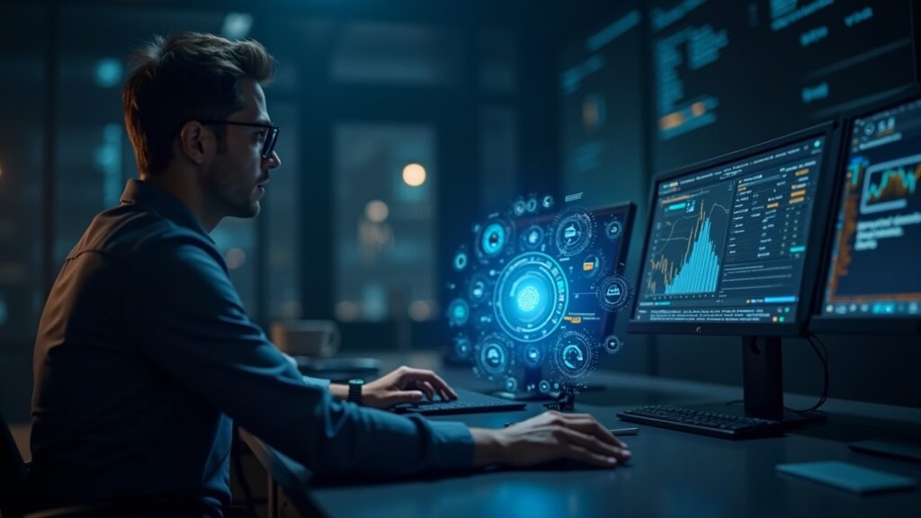 Comerciante fotorrealista en un escritorio con hologramas de enrutamiento de IA sobre visuales de Solana, ilustrando agregación de DEX sin custodia impulsada por IA.