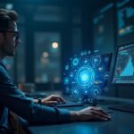 Comerciante fotorrealista en un escritorio con hologramas de enrutamiento de IA sobre visuales de Solana, ilustrando agregación de DEX sin custodia impulsada por IA.