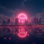 Validador de Solana en el centro con activos tokenizados brillantes y el skyline de la ciudad, señalando liquidación rápida y adopción.