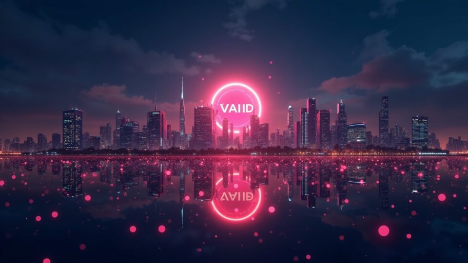 Validador de Solana en el centro con activos tokenizados brillantes y el skyline de la ciudad, señalando liquidación rápida y adopción.