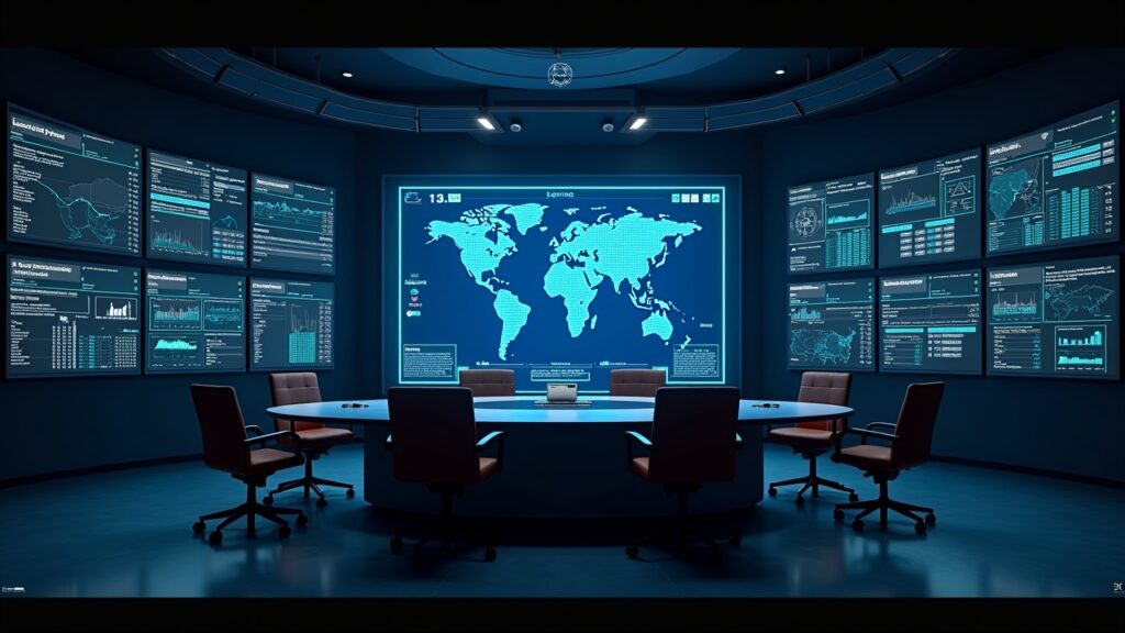 Sala de control fotorrealista de Solana con un display holográfico de JupUSD, paneles de reserva respaldados por BUIDL y socios de custodia.