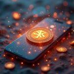 Teléfono Seeker fotorrealista centrado mientras los tokens SKR inundan la escena, ilustrando la gobernanza y el staking en el ecosistema de Solana Mobile.