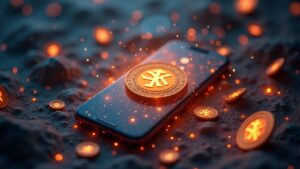 Teléfono Seeker fotorrealista centrado mientras los tokens SKR inundan la escena, ilustrando la gobernanza y el staking en el ecosistema de Solana Mobile.
