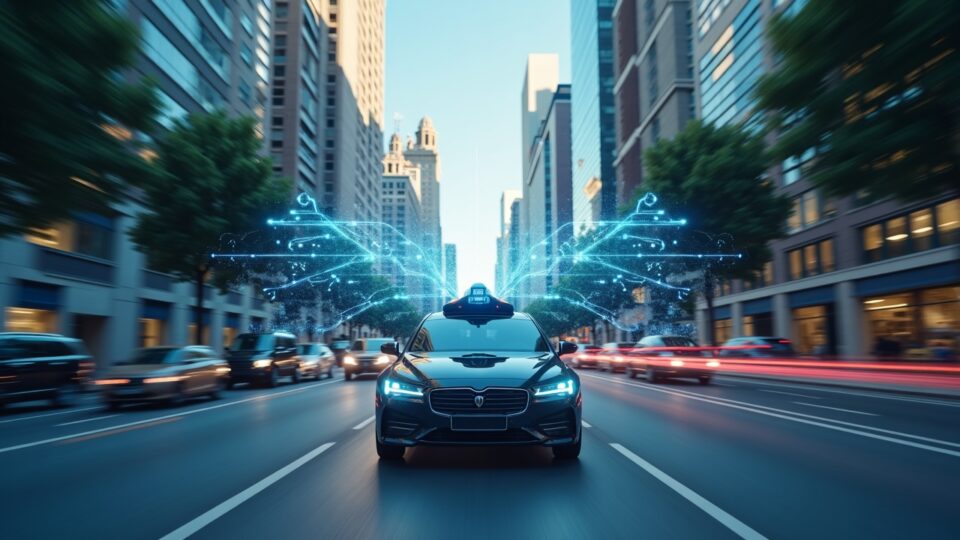 Escena callejera fotorrealista con un coche autónomo central, flujos de datos, superposiciones de mapa de la ciudad y paneles de Valeo en el fondo.