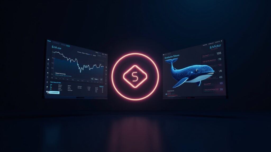 Logotipo fotorrealista de Solana centrado; pantalla dividida: a la izquierda la caída del precio por debajo de $130, a la derecha métricas en cadena y aumento de direcciones de grandes poseedores.
