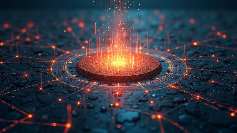 Escena fotorrealista de Solana: tickers de acciones que se transforman en fragmentos tokenizados, operadores, cuadrícula descentralizada, en cadena.